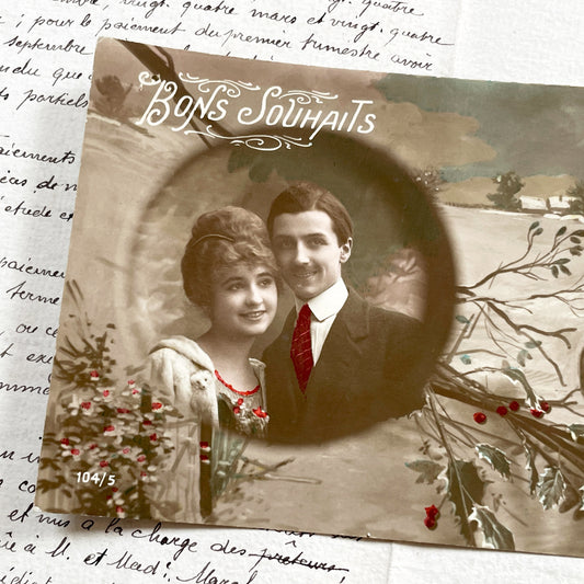 1900s - Antique French Postcard - Sepia Photo Couple Portrait - Winter Landscape - Colored Berries - Vintage Ephemera Art Collectible