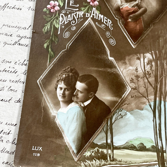 1910s - Antique French Postcard - Le Plaisir D'Aimer - Sepia Photo Insets - Romantic Couple - Lux 119 - Chromo Love Card