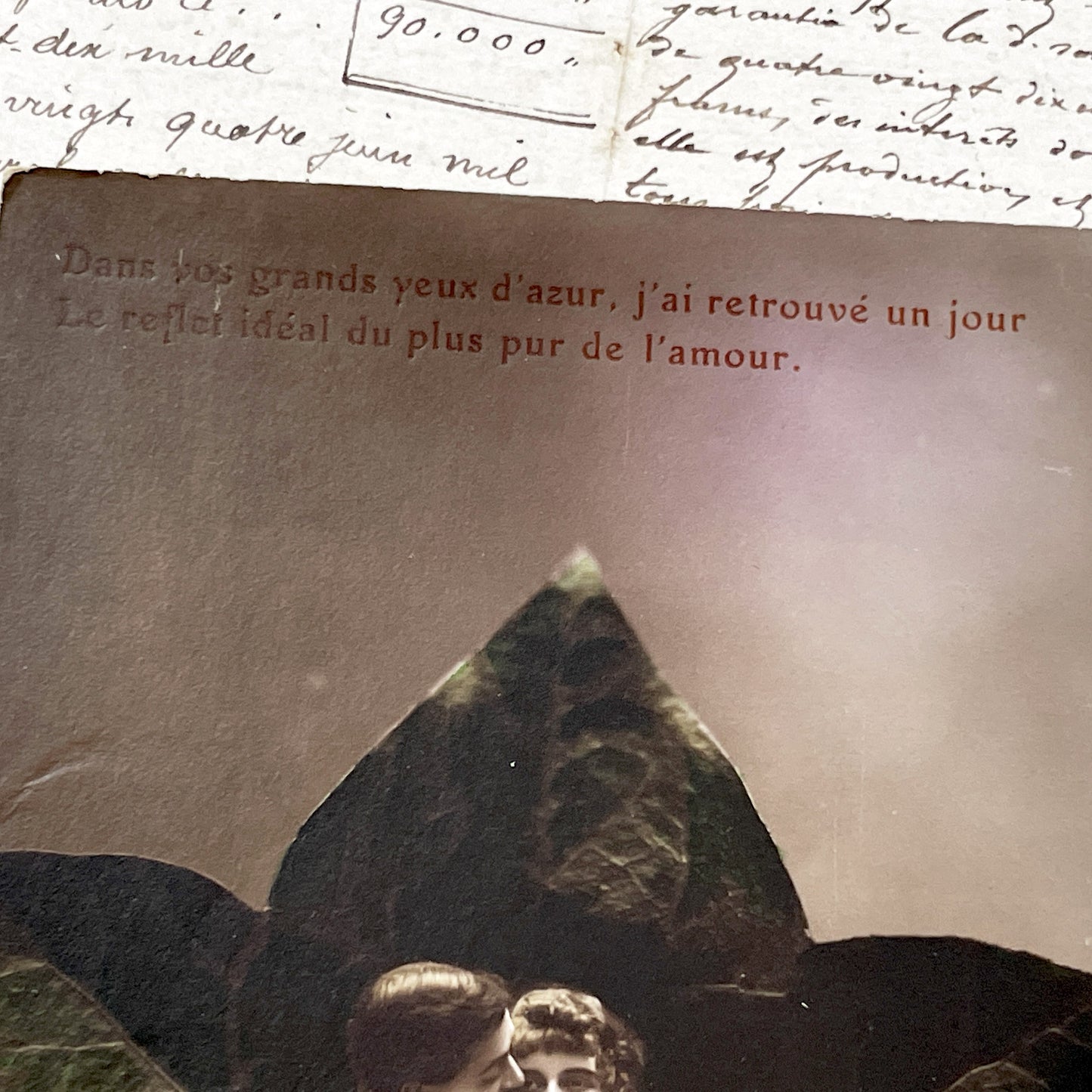 1910s - Vintage French Romantic Postcard - Kissing Couple In Clover Leaf Frame - Antique Love Sentimental Ephemera