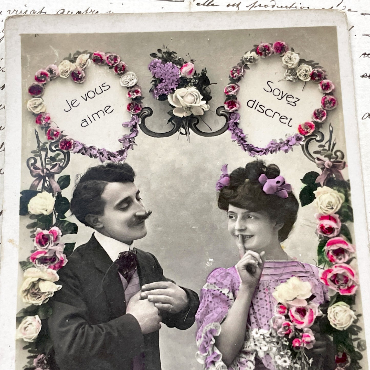 1900s - Antique French Postcard - Le Langage Du Coeur - Vintage Hand-Tinted Photo - Romantic Secret Love Message - Edwardian Era Ephemera