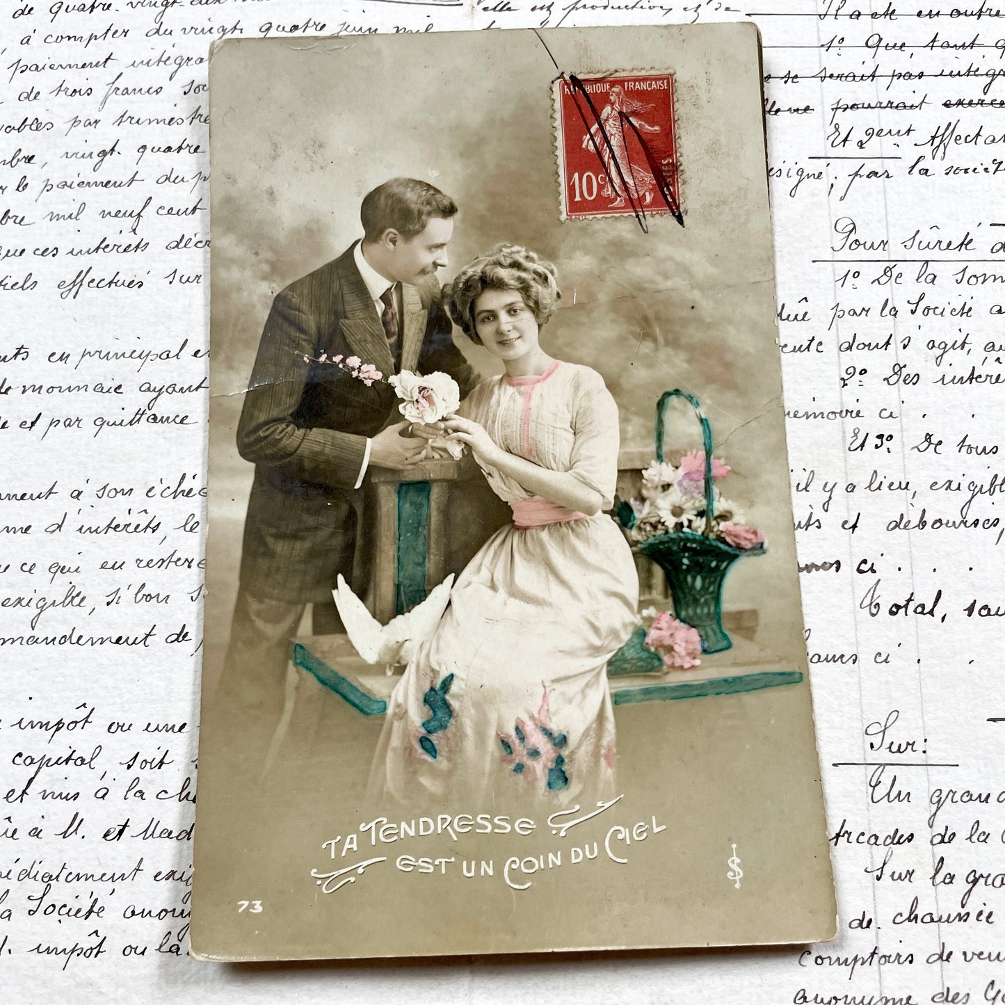 1910s - Vintage French Romantic Postcard - Tinted Photo Couple With Dove - Early 20th Century Love - French Ephemera Sentimental Art