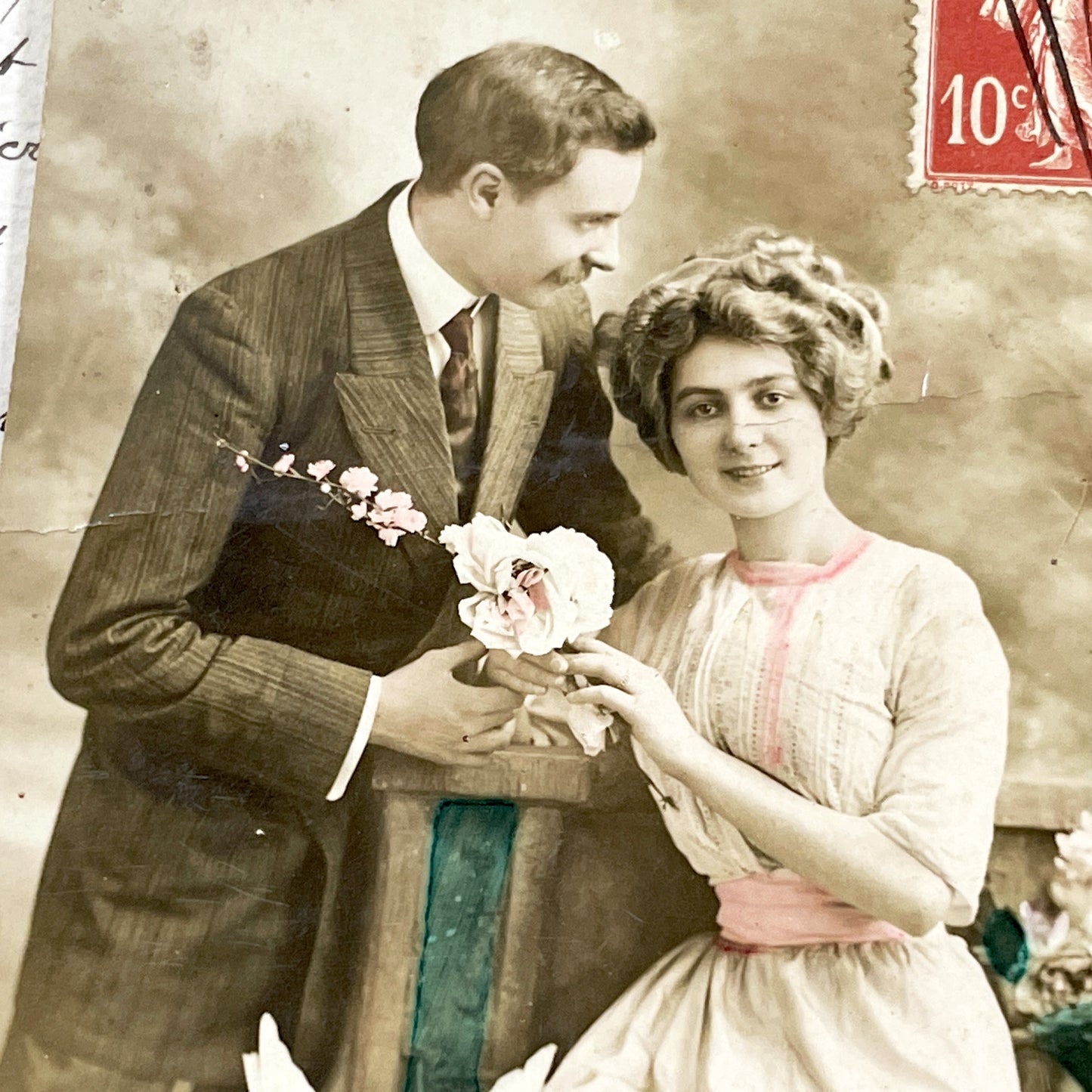 1910s - Vintage French Romantic Postcard - Tinted Photo Couple With Dove - Early 20th Century Love - French Ephemera Sentimental Art