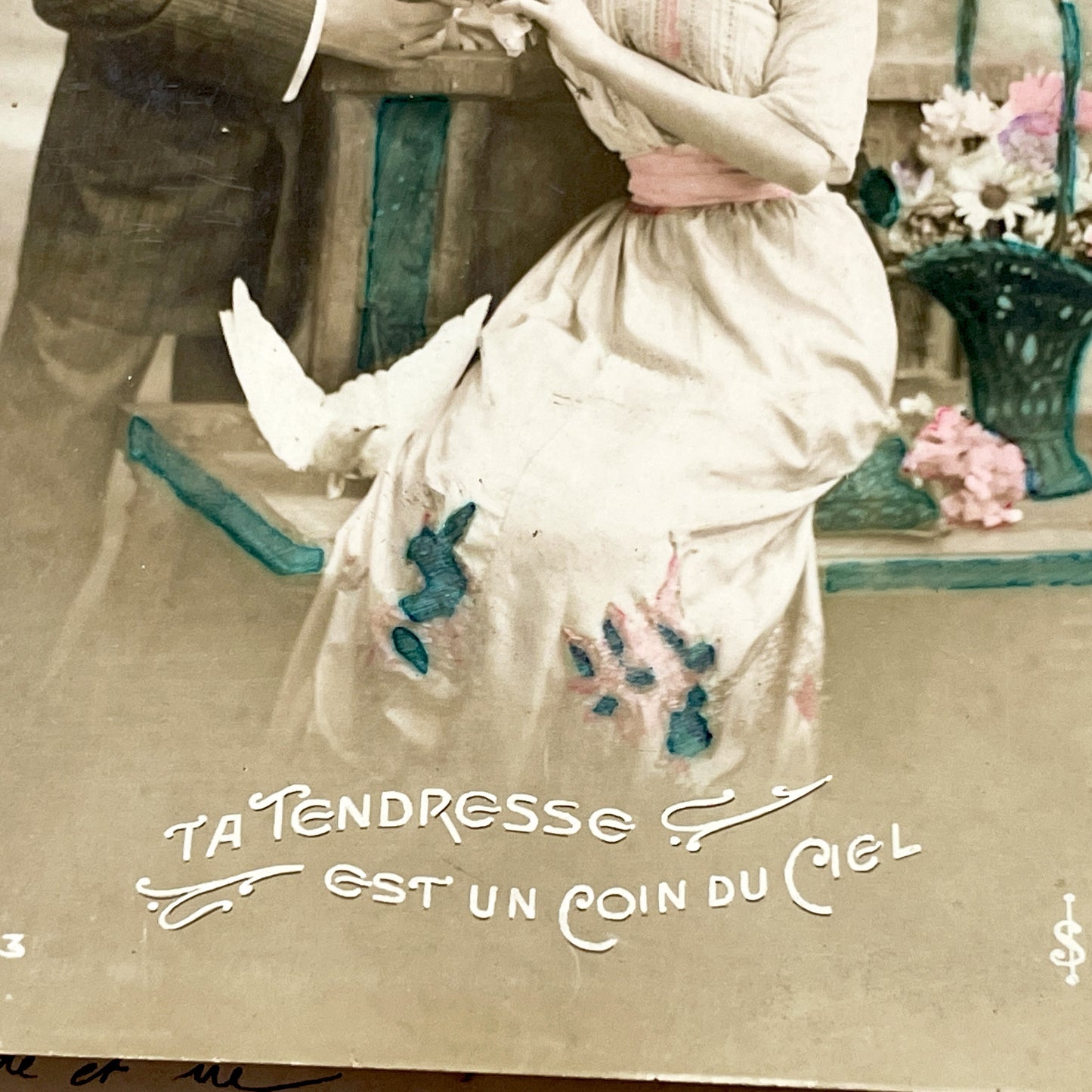 1910s - Vintage French Romantic Postcard - Tinted Photo Couple With Dove - Early 20th Century Love - French Ephemera Sentimental Art