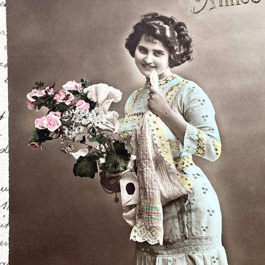 1900s - Hand-Colored French New Year Postcard - Antique Woman Portrait with Flowers - Belle Époque Ephemera - Collectible Art Print.