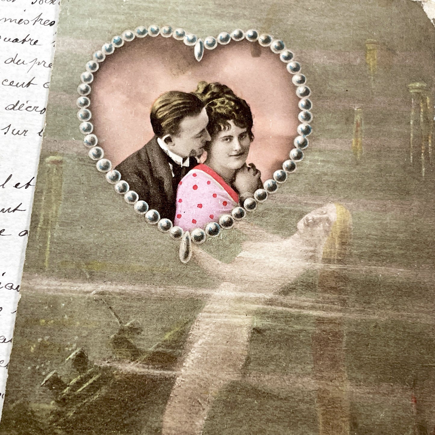 1900s - Vintage French Postcard - Romantic Couple Pearl Heart Frame - Ethereal Siren Mythological Art Nouveau Chromo