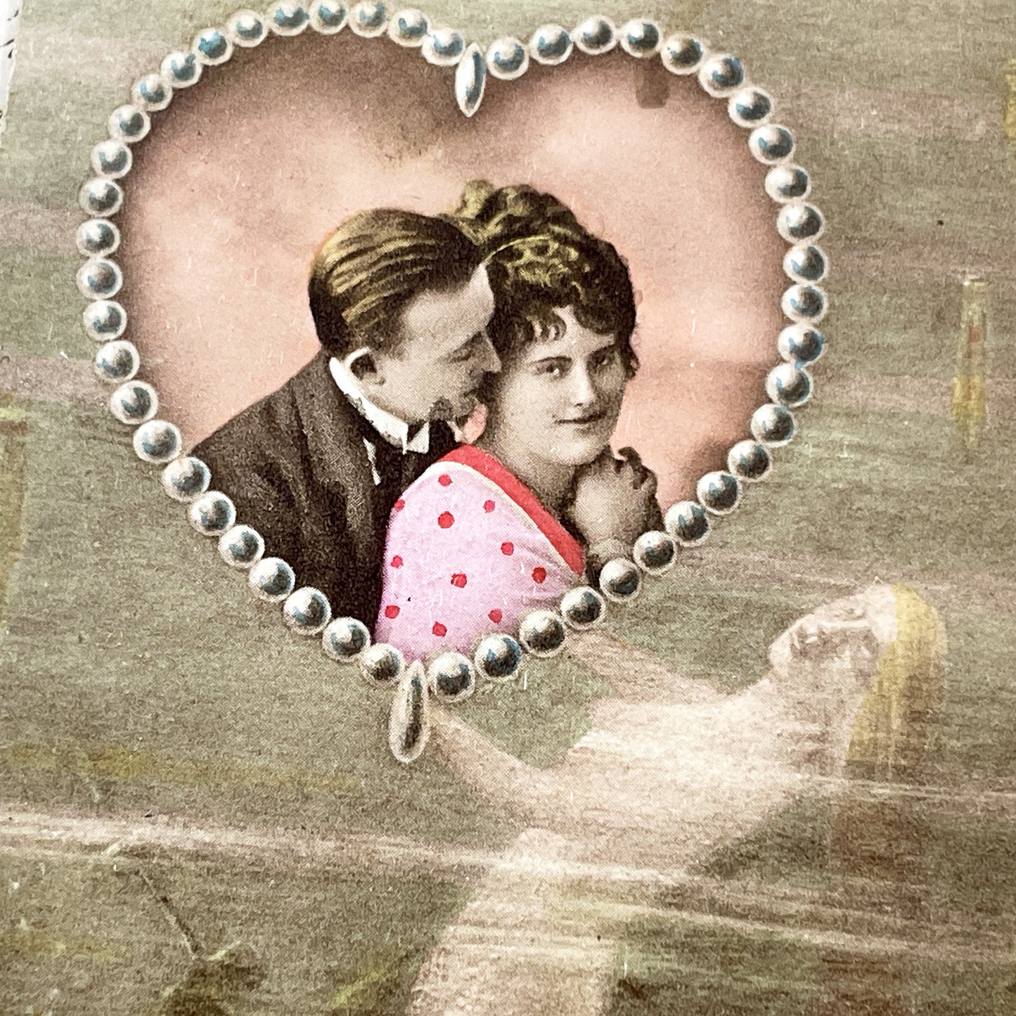 1900s - Vintage French Postcard - Romantic Couple Pearl Heart Frame - Ethereal Siren Mythological Art Nouveau Chromo