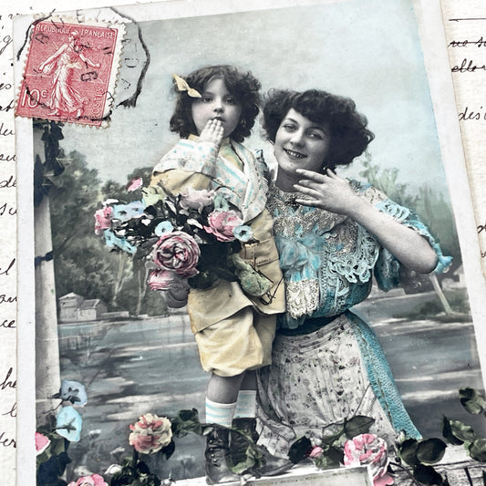 1910s - Antique French Postcard - Hand-Colored Mother And Child Portrait - Celebration - Aujourd'hui Saint - Vintage Collectible Card