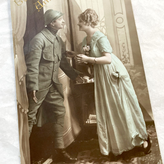1910s - Vintage French Postcard - WWI Soldier and Woman - Romantic New Year Greeting - Antique Hand-Tinted Art - Collectible Ephemera