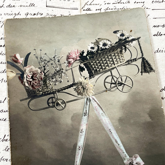 1910s - Antique French Postcard - Ornate Baby Carriage - Hand-Tinted Flowers - 'Heureuse Fête' - Vintage Document Ephemera