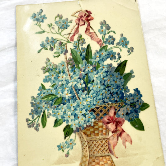 1900s - Vintage French Postcard - Basket of Forget-Me-Nots - Happy New Year Greeting - Floral Illustration - Collectible Ephemera