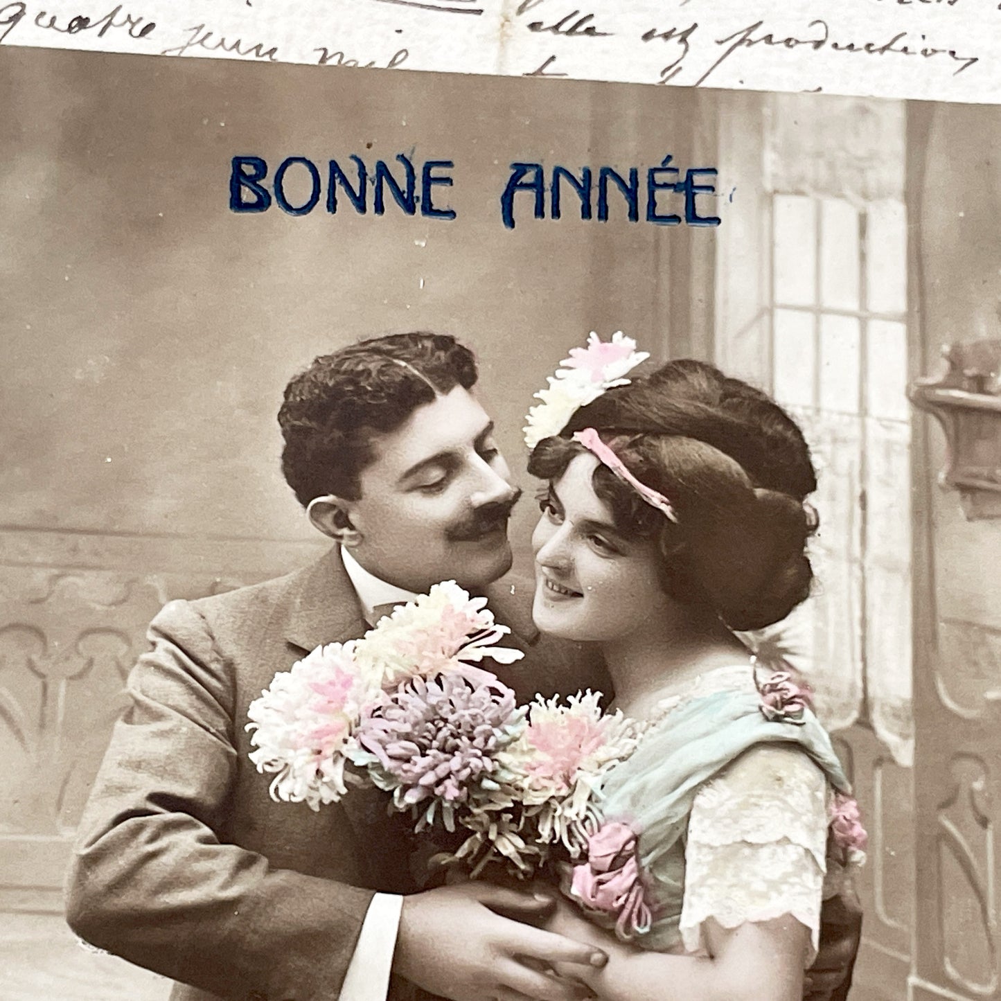 1900s - Antique French New Year Postcard - Hand-Tinted Romantic Couple - Edwardian Era Greeting Card - Vintage Photo Ephemera - Collectible