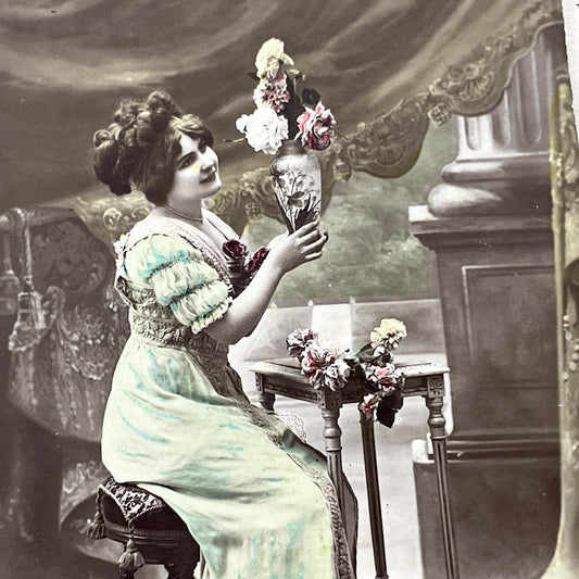 1900s - Antique French Postcard - Elegant Woman With Flowers - Happy Birthday Greeting - Vintage Belle Epoque Card - Art Nouveau Era