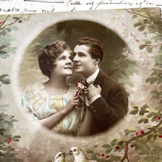 1910s - Vintage Postcard - Romantic Sepia Photo Couple - Love Doves - French Sentiment - Antique Ephemera - Red Berries - Sweet Gift