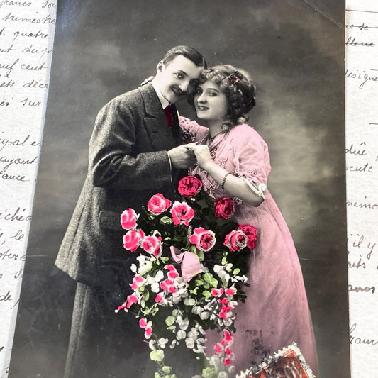 1910s - Romantic Vintage Couple Postcard - Hand-Colored Sepia Photo - Love Affection Happiness - Antique French Sentiment