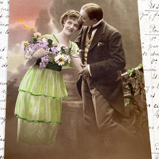 1910s - Vintage French Romantic Postcard - Hand-Colored Sepia Photo - Love Couple Kiss - Antique Ephemera Collectible - Old Valentine Card