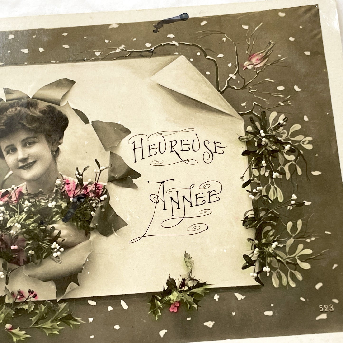 1900s - Antique French New Year Postcard - Heureuse Année Edwardian Lady Photo - Mistletoe Holly Birds Winter Greeting Collectible