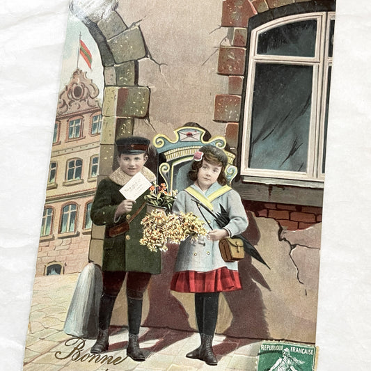 1900s - Antique French New Year Postcard - Children Illustration with Sower Stamp - Vintage Holiday Greeting - Ephemera Collectible