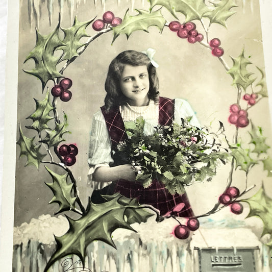 1910s - Antique French New Year Postcard - Young Girl Holly Wreath Icicles - Vintage Holiday Greeting Card - French Collectible Ephemera
