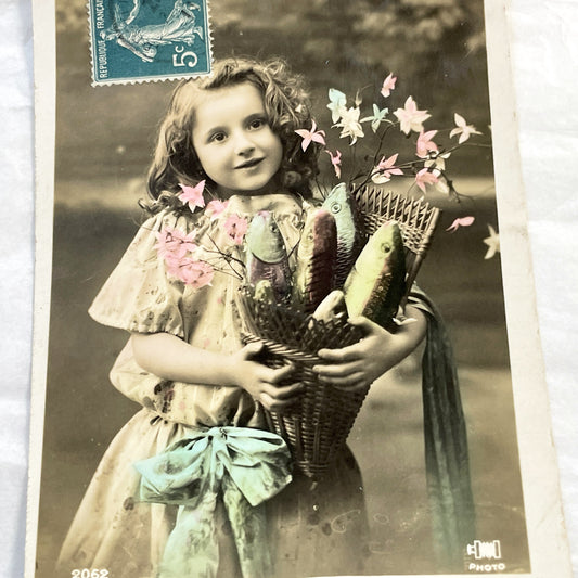 1910s - Antique French Postcard Little Girl Fishing Basket - Hand Tinted Sepia Photo - Sentimental Child Portrait - Collectible Ephemera
