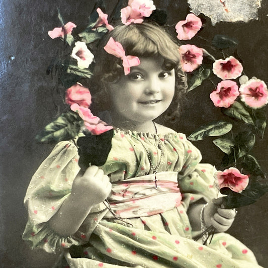 1910s - Antique French Hand-Colored Child Postcard - Young Girl Portrait with Floral Garland - Whimsical Vintage Photo Print