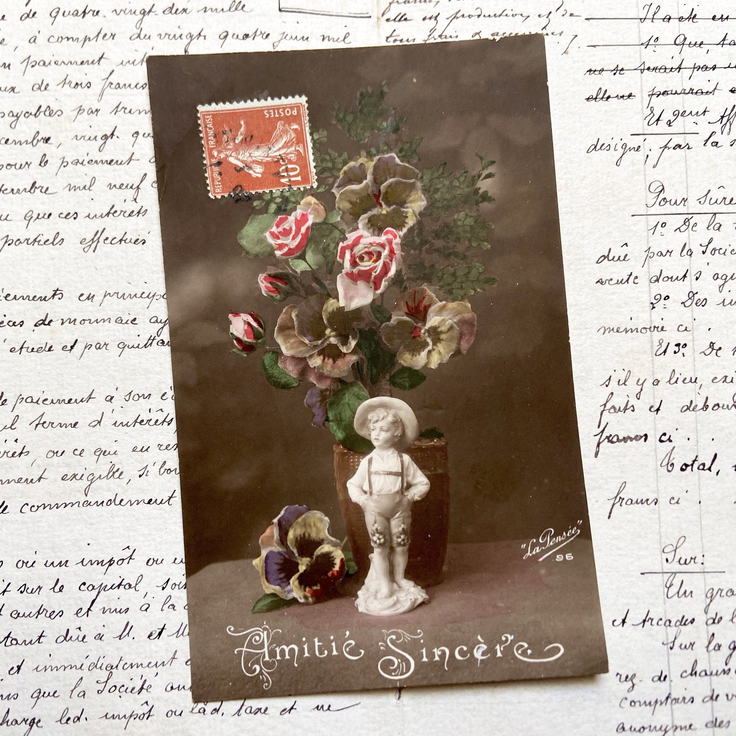 1910s - French Postcard-Boy Figurine - Floral Bouquet - Sentimental Art - Antique Collectible-Hand Tinted Sepia Tone - Friendship Theme