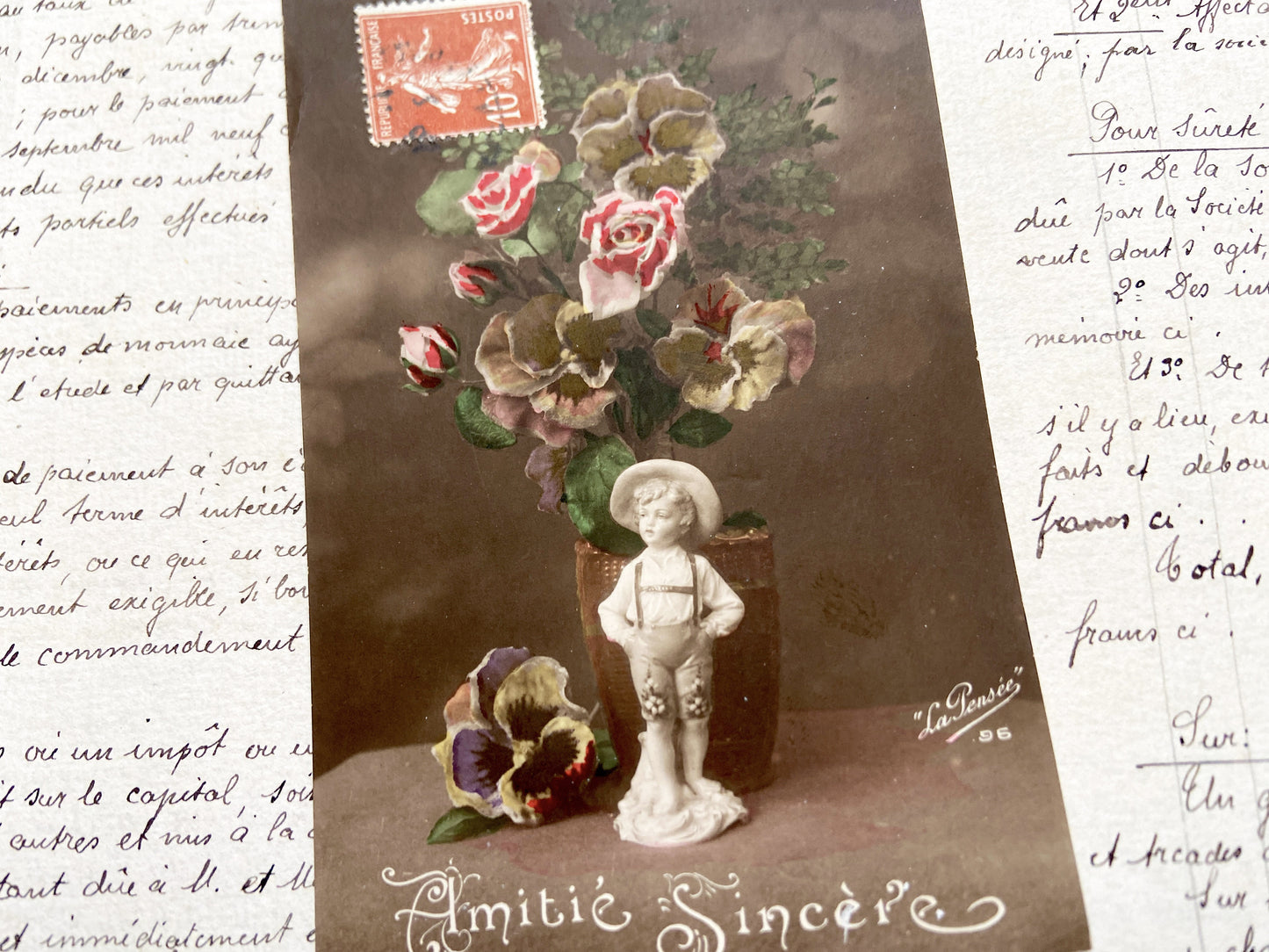 1910s - French Postcard-Boy Figurine - Floral Bouquet - Sentimental Art - Antique Collectible-Hand Tinted Sepia Tone - Friendship Theme