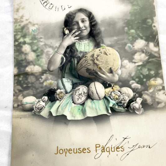 1910s - Vintage French Easter Postcard - Charming Young Girl With Decorated Eggs - Hand Tinted Photograph - Gironde Postmark