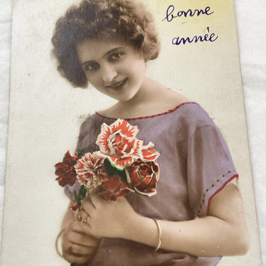 1910s - Beautiful Hand-Colored New Year Postcard - Elegant Young Woman with Flowers - French Antique Greetings Card Collectible