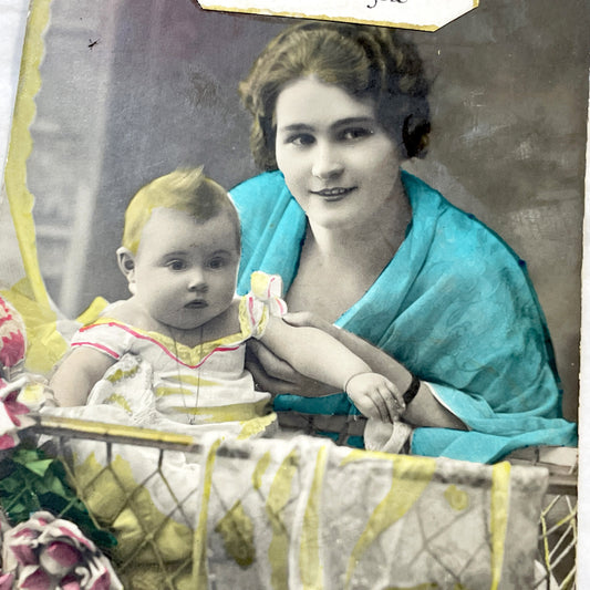 1910s - Antique French New Year Postcard - Mother & Baby Hand-Colored Photo - Vintage Family Portrait - Ephemera Collectible