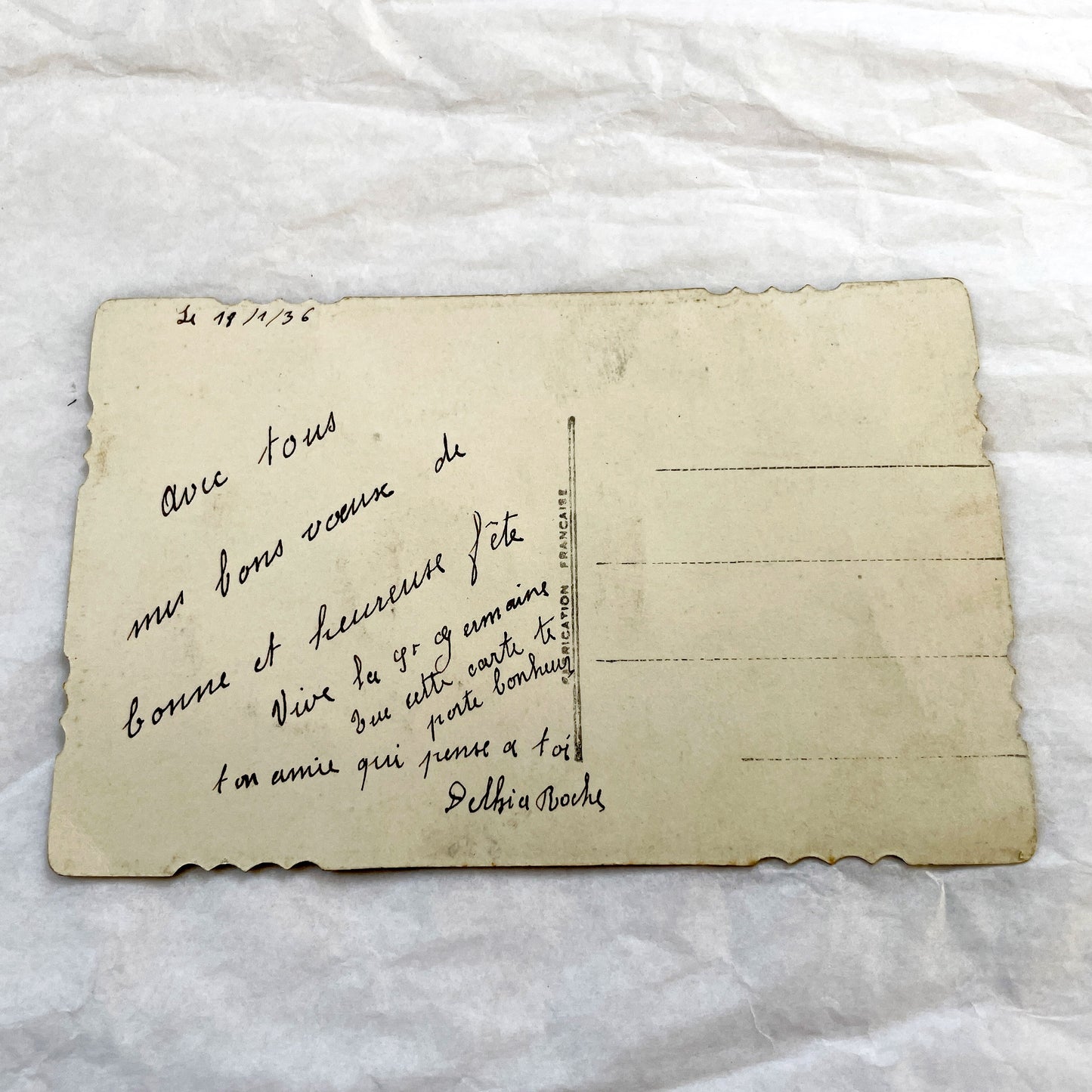 1930s - Vintage French Bonne Fête Greeting Card - Young Couple Photo - Embossed Pink Ribbon - Green Glitter Laurel - Keepsake Ephemera