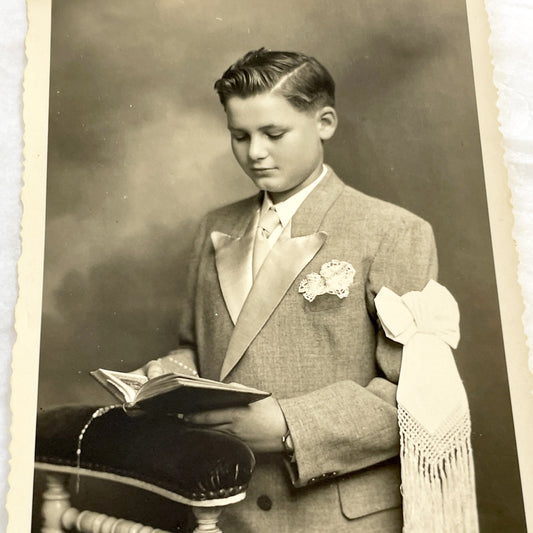1940s - Vintage First Holy Communion Photo - Young Boy Religious Sacrament - Portrait Studio Photography - Catholic Christian Keepsake