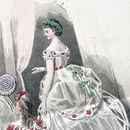 1860s French fashion plate depicting two women in elaborate ball gowns and a child in a red and white striped dress.