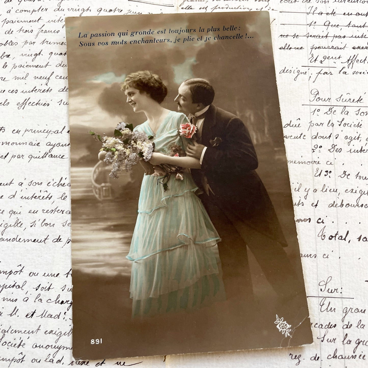 1900s - Romantic Couple Postcard - Vintage French Lovers Sepia Photo - Tinted Woman Man Embrace - Elegant Love Souvenir