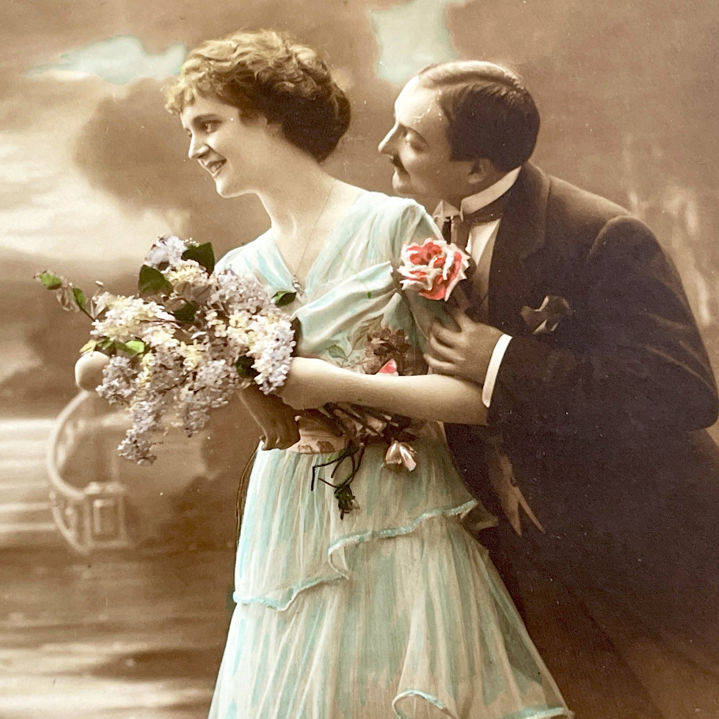 1900s - Romantic Couple Postcard - Vintage French Lovers Sepia Photo - Tinted Woman Man Embrace - Elegant Love Souvenir