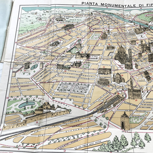 1950s vintage Italian map of Florence with index booklet, showing city plan and the Florentine lily emblem.