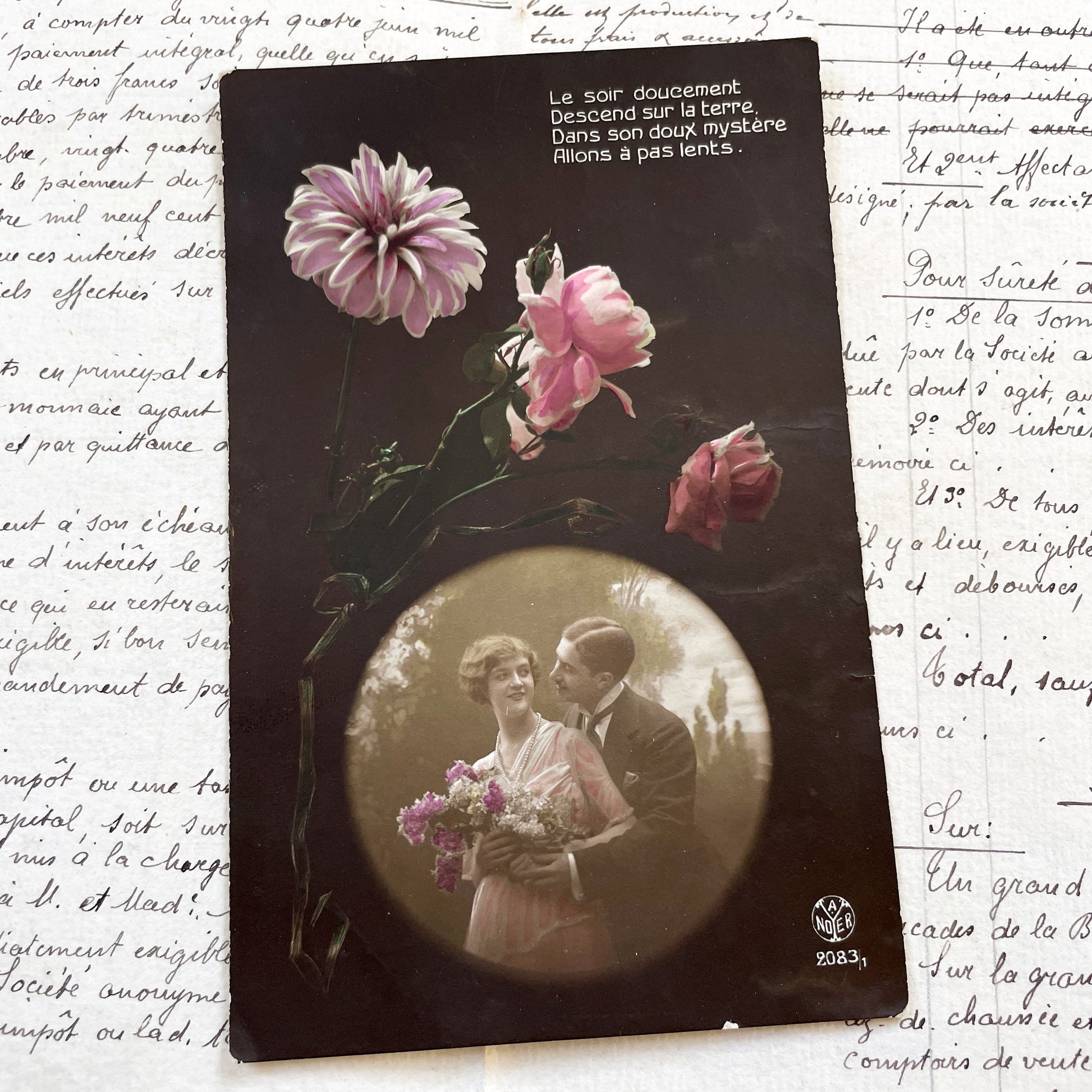 1910s - Vintage French Romantic Postcard - Sepia Photo Couple with Pink Flowers - Hand Colored Art Nouveau Style Card - Poetic Love Verse