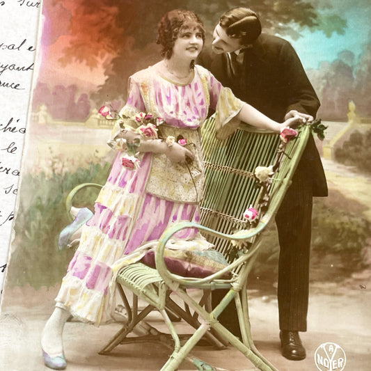 1910s - Vintage French Art Postcard - Romantic Couple Photo - Hand-Colored Ephemera - Belle Epoque Collectible - Noyer Publisher