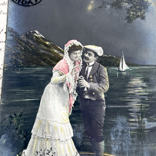 1900s - Vintage French Romantic Postcard - Colored Couple Scene - Old French Postcard - Love Story Illustration - Edwardian Era Ephemera