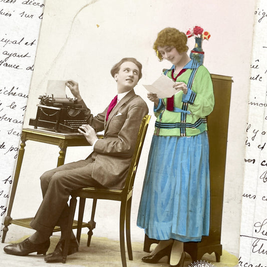 1920s - Vintage Hand-Colored Postcard - Flapper Era Couple - Typewriter Scene - Parisian Ephemera - Charming Historical Snapshot