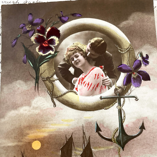 1920s - Vintage French Romantic Postcard - Couple on Moon Anchor Seascape - Art Nouveau Era - Serene Coastal Scene - Antique Paper Ephemera