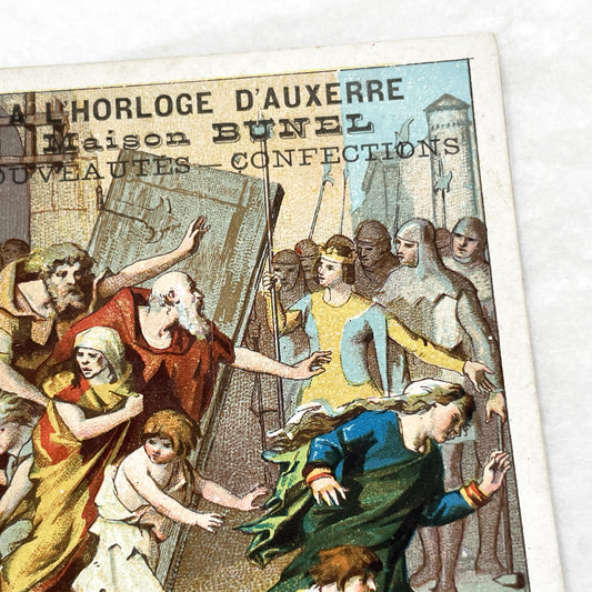 1900s - French Chromolithograph - Notre Dame Serfs Medieval Scene Trade Card - Auxerre Maison Bunel Advertisement