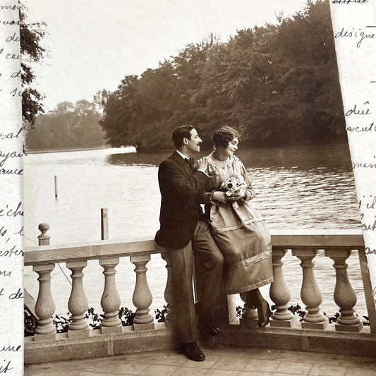 1910s - Antique Romantic Postcard - Couple By Lake - Vintage French Sentimental Poetry Card - Love Story - Sepia Photograph Collectible