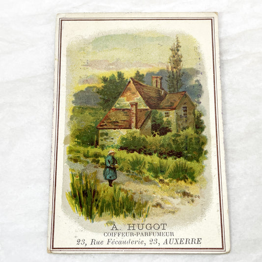 Late 19th - 2 Antique French Advertising Trade Cards - Chromolithography - Coiffeur-Parfumeur A. Hugot Auxerre - Vintage Ephemera Art