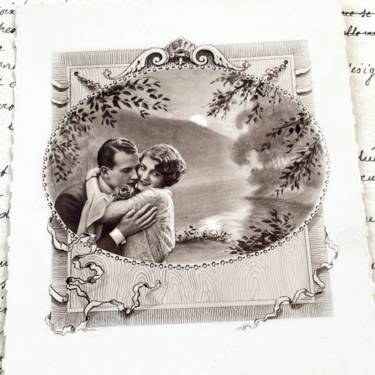 1920s - Antique French Postcard - Romantic Couple Photo - Victor Hugo Quote - Sepia Tone Collectible Ephemera - Vintage Love Sentiment
