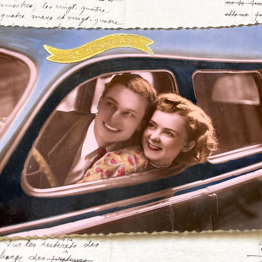 1940s - Vintage French Postcard - Happy Couple Car Ride - San Nicolas Photo - Collectible European Ephemera - Hand Colored Image Art