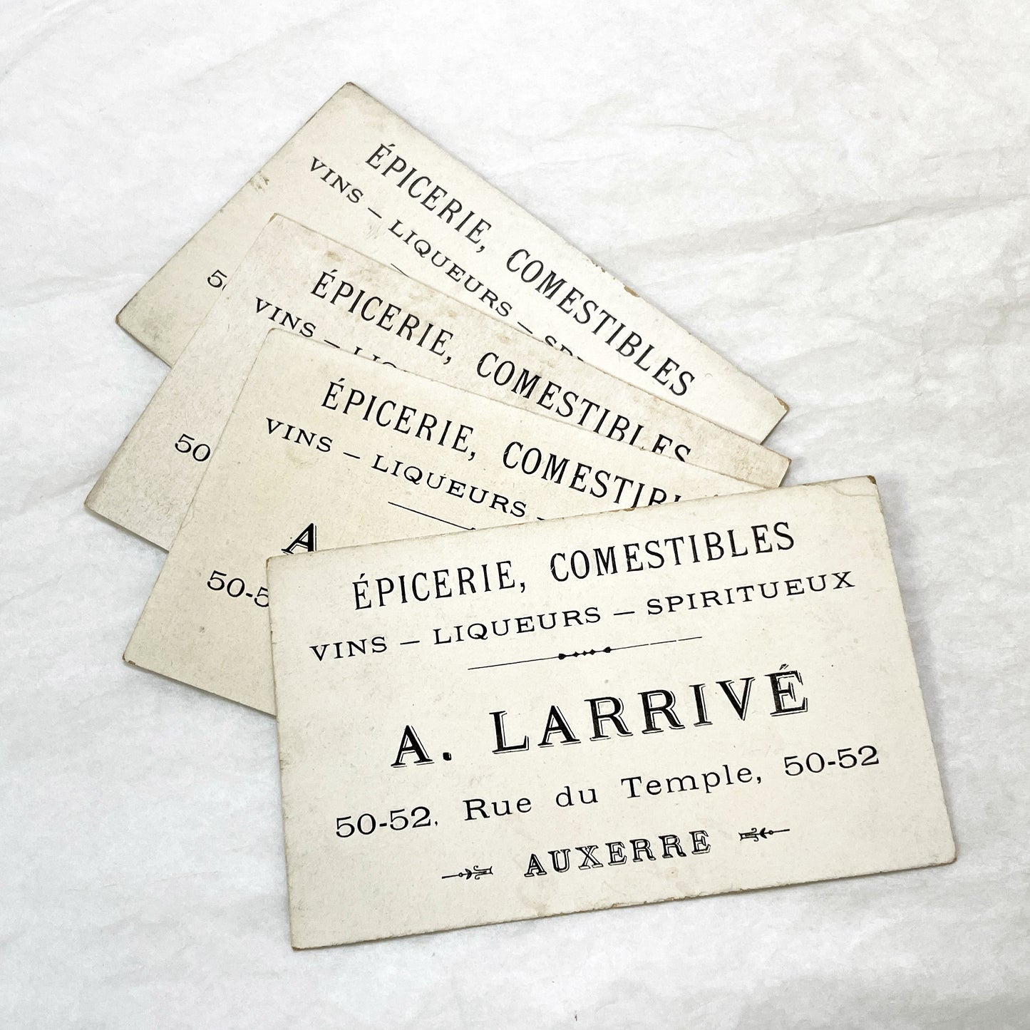 Late 19th - 4 French Advertising Trade Cards - Humorous Illustrated Chromos - Vintage Grocery Store Ephemera - A. Larrivé Auxerre
