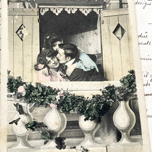 1900s - Antique Hand-Colored French Postcard - Romantic Kissing Couple On Balcony - Belle Epoque Era Art Print - Ephemera Collectible