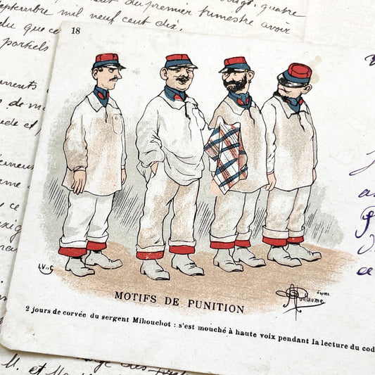 1900s - Humorous French Military Postcard - Sergeant Mihouchot Punishment Satire - Parisian Cafe Culture Memorabilia - Vintage Ephemera