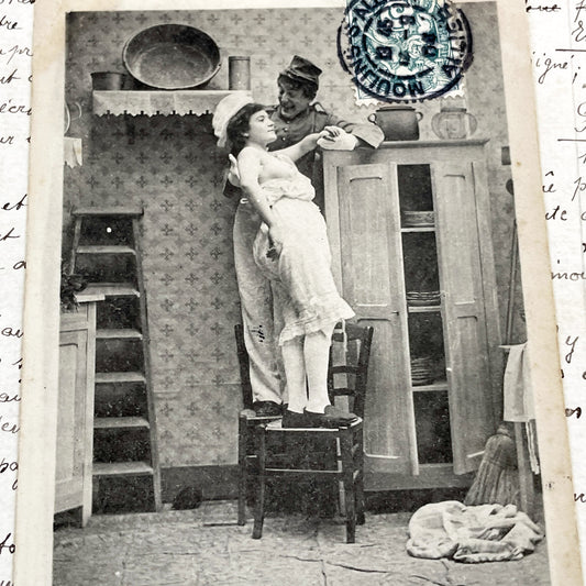 1900s - Vintage French Humorous Postcard - Risque Photo - Soldier & Woman - Belle Epoque Era - Collectible Militaria - Antique Ephemera