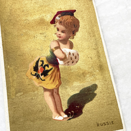 1900s - Vintage Russian Child Chromo with Gold Background - Little Girl in National Costume - Antique Collectible Art Print